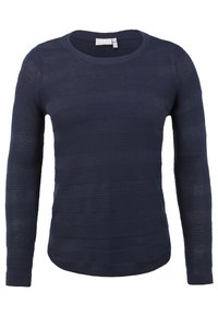 Granatowy sweter z długim rękawem wykonany z teksturowanej dzianiny, z poziomymi paskami i okrągłym dekoltem, posiadający ściągacze przy mankietach i u dołu.