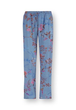 Blaue Kordelzug-Hose mit einem mehrfarbigen Blumen- und Blattmuster, flach liegend mit geradem Bein geschnitten.