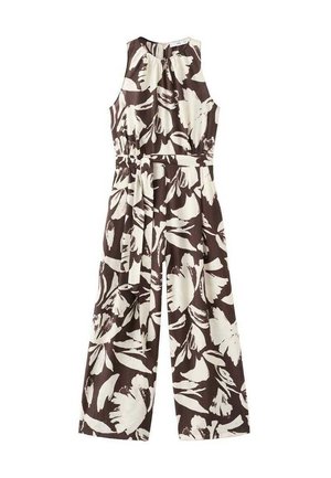 Brown and white floral jumpsuit with a sleeveless design, cinched waist, and wide-leg cut. Made of lightweight fabric with a smooth texture.