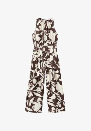Hnedo-biely kvetinový overal bez rukávov so zúženým pásom a širokými nohavicami. Vyrobený z ľahkej tkaniny s hladkou textúrou.