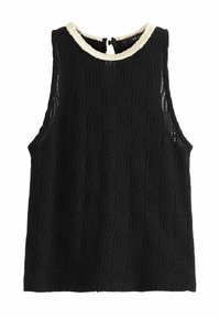 Top noir sans manches avec un motif texturé, doté d'un col tressé de couleur crème et d'une fermeture au dos avec une ouverture en forme de goutte.