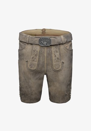 Brązowe skórzane szorty z haftowanymi kwiatowymi wzorami, metalowym zapięciem z wizerunkiem jelenia oraz bocznymi guzikami do regulacji.