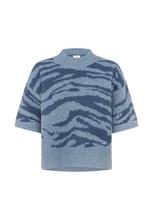 Light blue short-sleeve sweater with a tiger stripe pattern in darker blue. Made from a soft, textured fabric. Crew neckline.