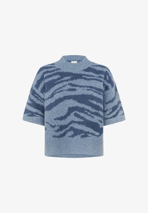 Hele sinine lühikeste varrukatega sviiter, millel on tumedama sinise tiigririba muster. Valmistatud pehmest, tekstureeritud kangast. Ümmargune kaelus.