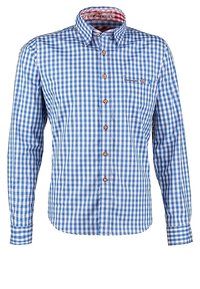 Camisa de manga larga a cuadros azul y blanca con cuello abotonado, que cuenta con botones de madera y un cuello interior de patrón contrastante.