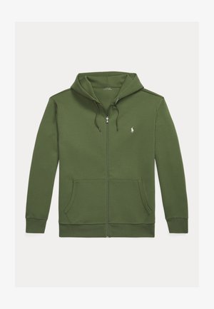 Sudadera con capucha verde oliva con cremallera, bolsillos delanteros, capucha con cordón y pequeño logo blanco bordado en el pecho izquierdo.