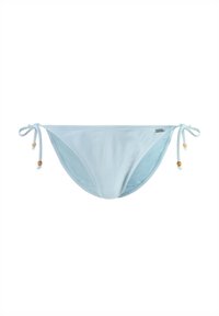Šviesiai mėlynos bikini dugnas su viela tekstūra, su raišteliais kiekvienoje pusėje, akcentuotas mažomis medinėmis karoliukais, turintis lygų vidinį pamušalą.
