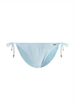 Jasnoniebieskie bikini dolne o prążkowanej fakturze, z węzełkami po bokach, ozdobione małymi drewnianymi koralikami, posiadające gładką wewnętrzną podszewkę.