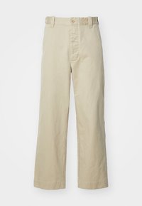 Beige cotton trousers with a straight leg design, featuring a front button closure and belt loops; smooth texture without patterns.