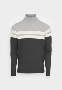 Maglione a dolce vita grigio con strisce orizzontali in grigio chiaro e crema, caratterizzato da un punto tessuto e polsini a costine.