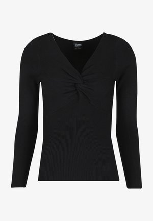 Top nero a maniche lunghe a coste con dettaglio intrecciato sullo scollo, caratterizzato da un design aderente e una texture liscia.