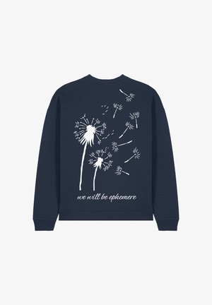 Felpa della marina con grafica di un soffione bianco e testo "saremo effimeri." Materiale morbido, collo a giro e polsini a costine.