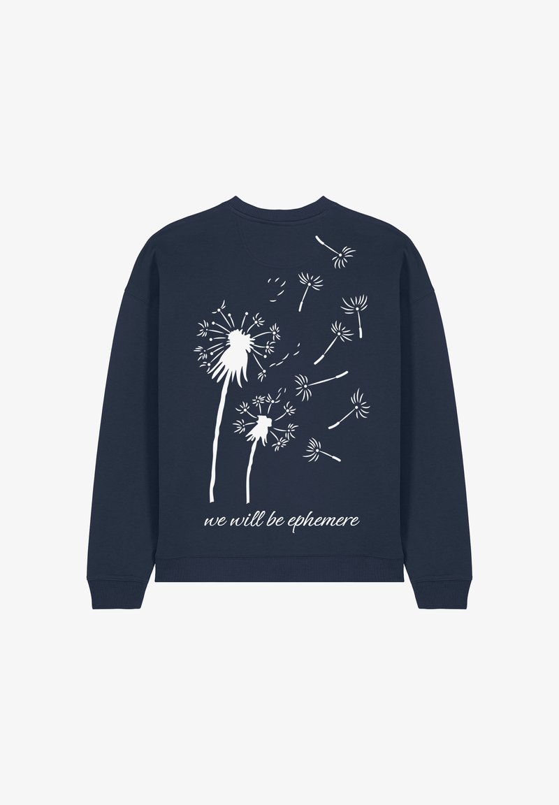 Felpa della marina con grafica di un soffione bianco e testo "saremo effimeri." Materiale morbido, collo a giro e polsini a costine.