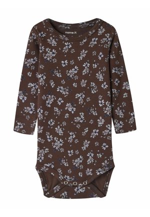 Body bébé marron à manches longues avec motif floral violet clair et blanc et boutons-pression en bas.