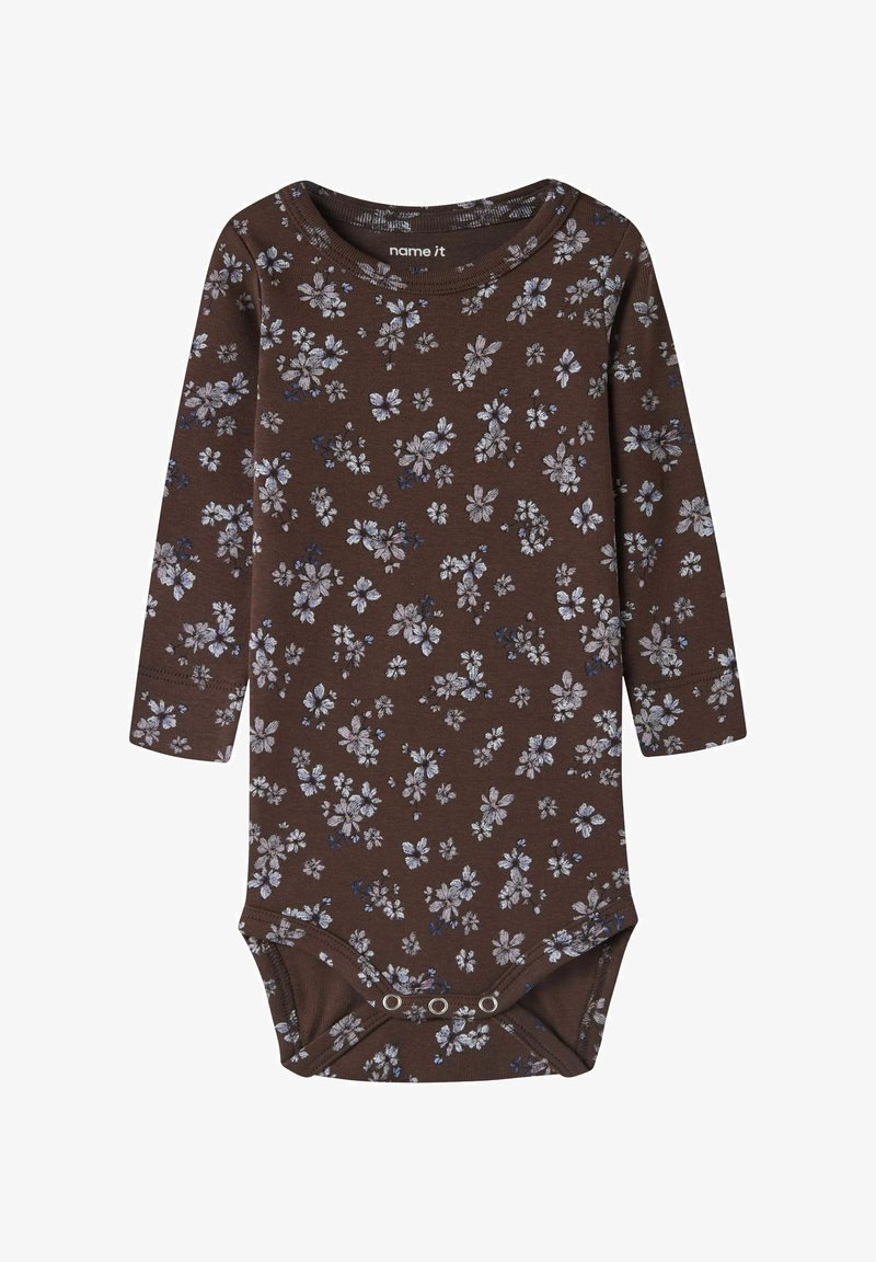 Body bébé marron à manches longues avec motif floral violet clair et blanc et boutons-pression en bas.