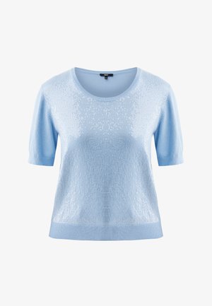 Modrý svetřík s krátkými rukávy, kulatým výstřihem, texturovaným vzorem pletení a jemnými flitry vpředu.