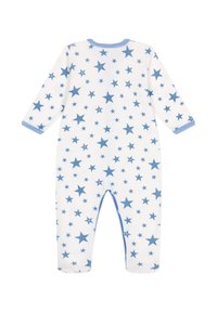 Weißer Baby-Body aus Baumwolle mit langen Ärmeln, bedeckt mit blauen Sterne-Mustern, mit blauen gestreiften Bündchen und Ausschnitt.