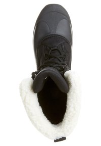 Botte d'hiver noire avec un extérieur lisse et imperméable, un design à lacets, et une doublure en polaire blanche au niveau de la cheville pour plus de chaleur.