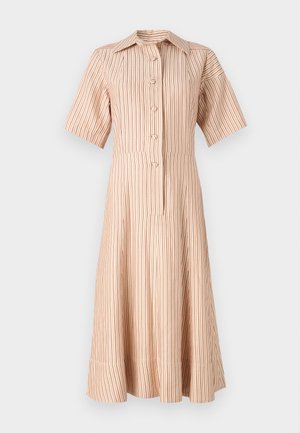 Stribet knap-up kjole i lyse beige med røde lodrette striber. Har krave og korte ærmer, der vidder ud fra taljen.