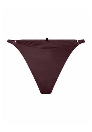 Chiloti de bikini de culoare maro închis cu croială înaltă, cu bretele laterale reglabile și un mic detaliu central frontal în formă de buclă, afișat plat pe un fundal alb.