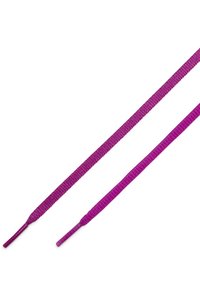 Two purple shoelaces of different textures: one is flat with a woven pattern, the other is round and smooth, both featuring tapered ends.