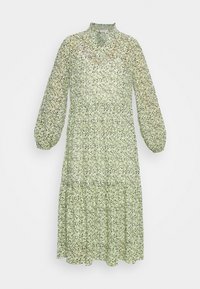 Kukkakuosiset mekko vaaleanvihreänä, jossa on pitkät puffihihat, korkea kaula-aukko ja kerroksellinen hameen muotoilu. Kevyt, puoliksi läpinäkyvä kangas.