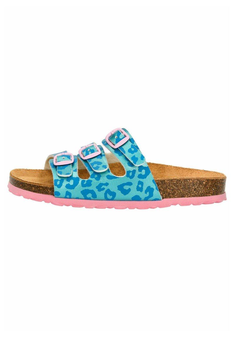 Himmelblaue Sandalen mit Leopardenmuster, drei verstellbaren pinken Schnallen, Korkfußbett und pinker Gummisohle.