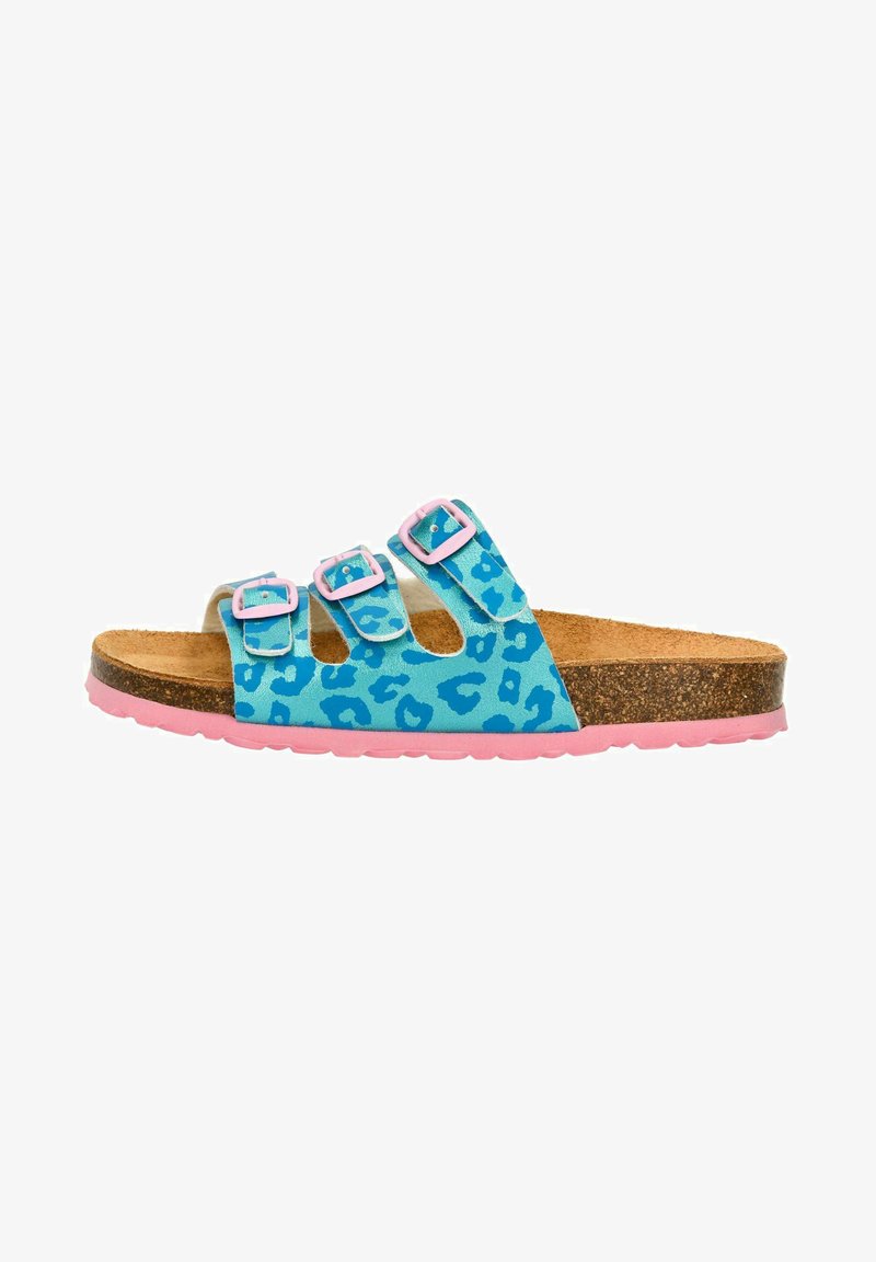 Light blue sandals with leopard print, three adjustable pink buckles, cork footbed, and pink rubber sole.