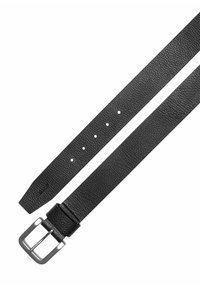 Czarny skórzany pasek z teksturowanym wykończeniem, pięć równomiernie rozmieszczonych otworów i srebrna metalowa klamra. Gładki i trwały design.