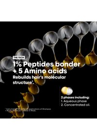 Nahaufnahme von verbundenen transparenten und bernsteinfarbenen flüssigen Kapseln, die Peptide und Aminosäuren symbolisieren und die molekulare Struktur des Haares in zwei Phasen wiederaufbauen.