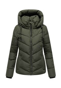 Zielona kurtka puchowa z zamkiem błyskawicznym, ukośnym pikowaniem, regulowanym kapturem ze sznurkiem oraz elastycznymi mankietami.