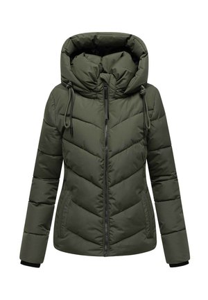 Giacca a vento verde con chiusura a zip, motivo a rombi diagonale, cappuccio regolabile con cordini e polsini elasticizzati.