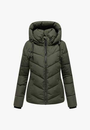 Zielona kurtka puchowa z zamkiem błyskawicznym, ukośnym pikowaniem, regulowanym kapturem ze sznurkiem oraz elastycznymi mankietami.
