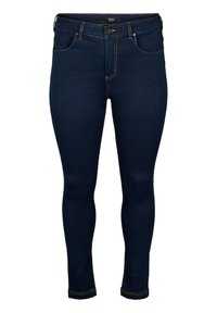 Jeans skinny azul oscuro con una textura suave, diseño estándar de cinco bolsillos, acentos cosidos y cierre con botón.
