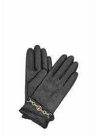 Czarne skórzane rękawiczki o gładkiej fakturze, z pięcioma palcami i złotym łańcuszkiem zdobiącym nadgarstek.