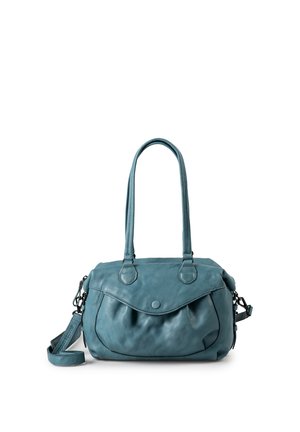 Borsa a mano in pelle turchese con doppi manici, tasca anteriore a patta con bottone automatico e tracolla removibile, mostrata su sfondo bianco.