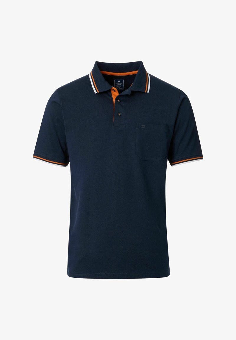 Granatowa koszulka polo wykonana z bawełny, z klasycznym kołnierzykiem, trzema guzikami, pomarańczowymi akcentami oraz kieszenią na piersi.