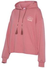 Felpa con cappuccio rosa dal taglio comodo, con una stampa grafica che recita "SUNRISE in PARADISE" e colorati pon-pon sui lacci.