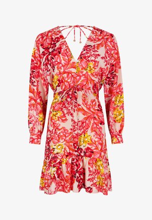 Abito floreale realizzato in tessuto morbido, presenta un collo a V, maniche lunghe, vita arricciata e un gonnellino a strati. I colori includono rosa, rosso e giallo.