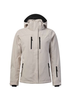 Lichtbeige capuchon winterjas met zwarte ritszakken op borst, mouwen en zijkanten, voorkant zichtbaar op witte achtergrond.