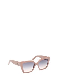Gafas de sol cuadradas con un marco de plástico rosa suave, lentes con tinte degradado y sutiles toques decorativos en las patillas.