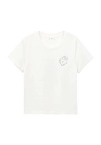 T-shirt en coton blanc avec un col rond et des manches courtes. Présente un motif graphique de cadenas en forme de cœur argenté sur la poitrine gauche.