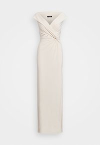 Dlouhé, těsně padnoucí večerní šaty z krémové tkaniny. Design bez ramínek s uzlovým detailem v pase. Hladká textura, minimalistický vzhled.