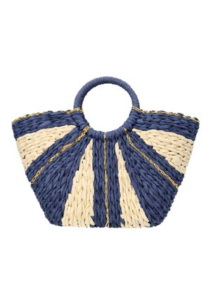 Kudottu käsilaukku, jossa on pyöreät kahvat. Laukussa on sinisiä ja beigejä vuorottelevia kolmionmuotoisia kuvioita sekä kullanvärisiä lankakoristeita.
