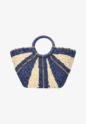 Geantă țesută cu mânere rotunde, având modele triunghiulare alternative albastre și bej, cu accente de fir auriu.