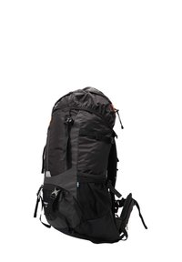 Sac à dos de randonnée noir avec bretelles réglables, fermeture à cordon en haut, poches latérales et accents réfléchissants. Fabriqué en matériau durable et résistant à l'eau.