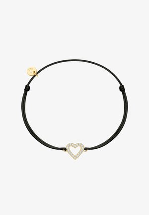 Črna vrvna zapestnica s pozlačenim obeskom v obliki srca, okrašenim z majhnimi prozornimi dragulji. Vključuje pozlačen oznako blizu zaponke.