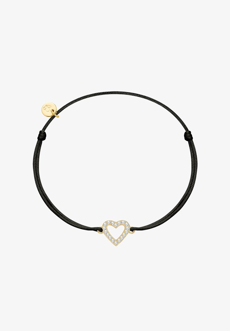 Melnas auklas rokassprādze ar zelta sirds piekariņu, kas rotāts ar mazām caurspīdīgām dārgakmeņiem. Iekļauta zelta akcentu birka netālu no aizdare.