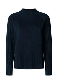 Donkerblauwe gebreide trui met een hoge hals, ribbeltextuur en lange mouwen. Heeft een aansluitend ontwerp en horizontale ribbel aan de onderzoom.