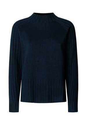 Dark blue knitted sweater with a high neckline, ribbed texture, and long sleeves. Features a form-fitting design and horizontal ribbing at the hem.